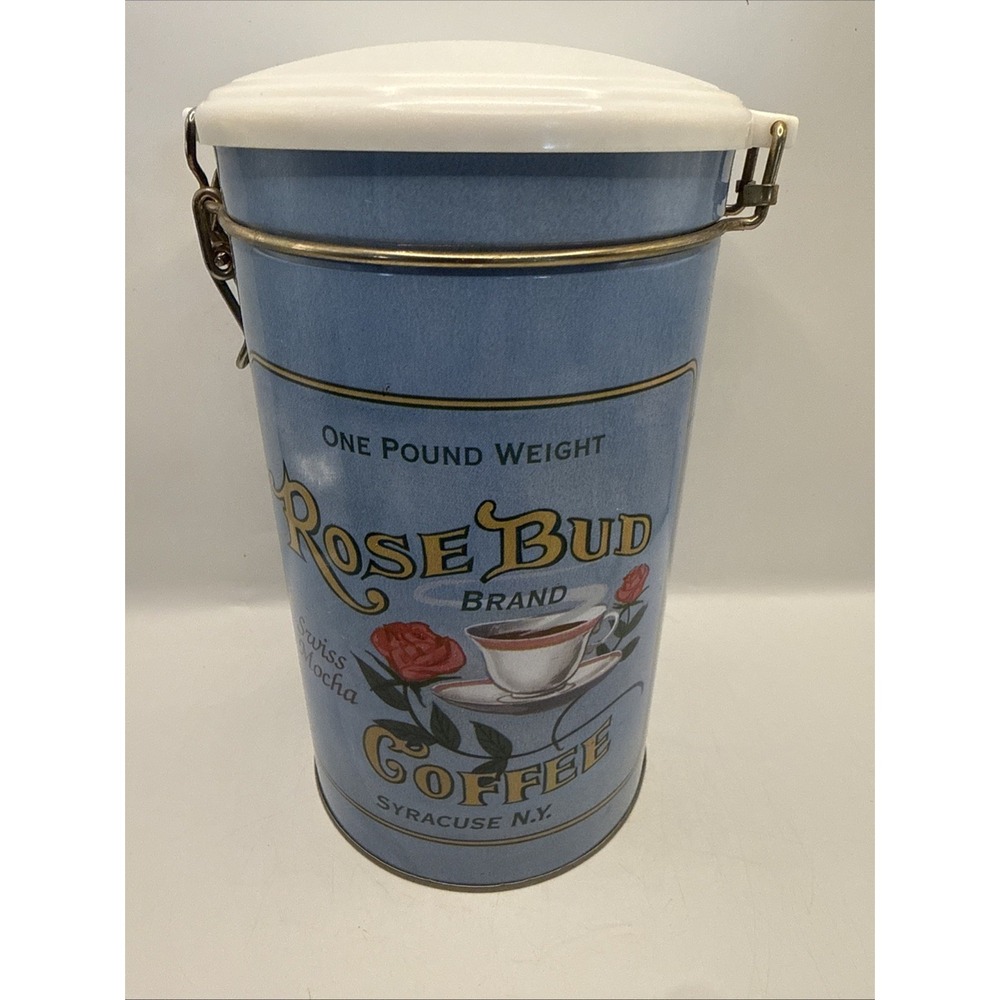 VTG Rosebud Brand Coffee 1 Pound Tin With Attached Resealable Lid Swiss Mocha
